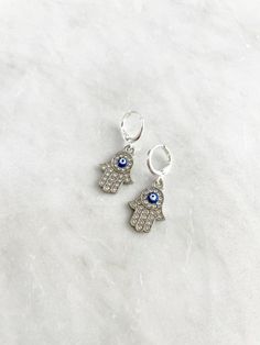 Silver Hamsa Hand Earrings. Hamsa Stud Earrings. Evil Eye Stud - Etsy Evil Eye Jewelry Diy, Hand Earrings, Evil Eye Earrings, Hand Of Fatima, Eye Earrings, Linen Bag, Evil Eye Jewelry, Hamsa Hand, Charm Set