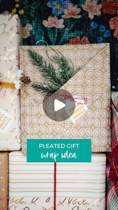 wrapped gifts with the words, pleated gift wrap idea written on them and surrounded by wrapping paper