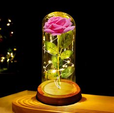 a pink rose in a glass vase with lights