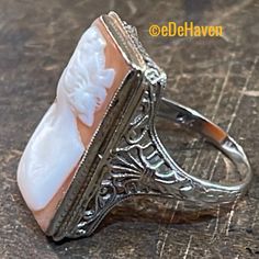 Pretty Unusual Rectangle Cut Cameo Measuring 22.5mm X 10mm 14k Solid White Gold Filigree Mounting Ring Size 5 Us 3.1 Grams In Excellent Condition Cameo Ring, Vintage Cameo, Gold Filigree, Womens Jewelry Rings, Vintage Ladies, Vintage Jewelry, Ring Size, White Gold, Women Jewelry