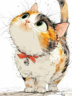 an orange and white cat with a red collar looking up at something in the air