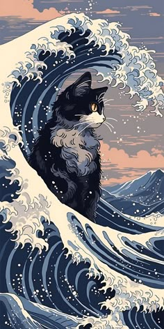 a black and white cat sitting on top of a wave in the ocean with an orange sky behind it