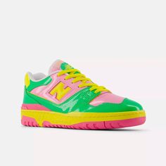 NEW BALANCE BB550YKA, PINK/PALM LEAF/LEMON ZEST Basketball Courts, Coast To Coast, Lemon Zest, Palm Leaf, Palm Leaves, Classic Looks, New Balance, Leather Upper, Lemon