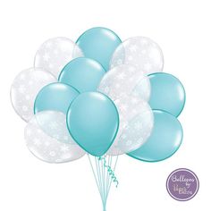 a bunch of blue and white balloons