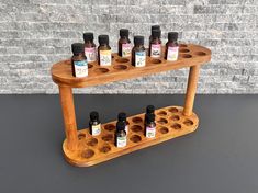 a wooden shelf with bottles on it