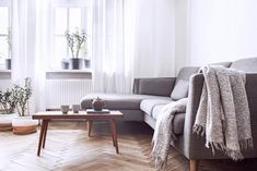 a living room with a couch, coffee table and potted plants on the windowsill