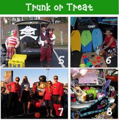 there are pictures of people dressed up in costumes and skateboards on the street with words that read trunk of treat