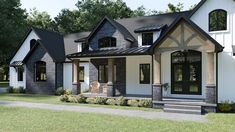 this is an artist's rendering of a house in the country style with black and white accents