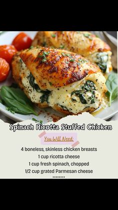 a plate with chicken, tomatoes and spinach on it next to a recipe for grilled chicken