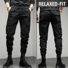 Men's Distressed Slim Fit Biker Jeans Non-stretch Casual Cargo Jeans For Streetwear, Casual Cotton Cargo Jeans For Urban Adventures, Casual Black Cargo Jeans For Urban Adventures, Casual Non-stretch Black Cargo Jeans, Black Non-stretch Casual Cargo Jeans, Cargo Hose, Biker Jeans, Cargo Pants, Slim Fit