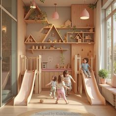 two children playing in a play room with slide and climbing wall