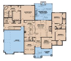 this is the first floor plan for a house with two master suites and an attached garage