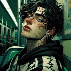 a man with blood on his face sitting in a train