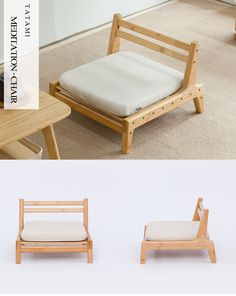 two wooden chairs with cushions on them, one is made out of wood and the other has white fabric