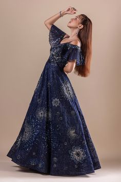 Navy blue padded gown with attached cancan, embellished with sequin, cutdana, feather work. - Aza Fashions V Neck Gown, Gown For Women, Gown Pattern, Embellished Gown, Ladies Gown, Ball Dresses, Aza Fashion, Shoulder Sleeve, Evening Gowns