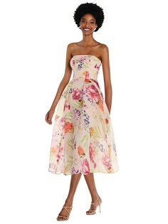 Bring springtime freshness to your look with the bold, colorful, pink floral organdy featured on this formal tea-length dress. A strapless neckline ups the sophistication while a full, pleated skirt moves beautifully whether you're strolling the gardens or twirling on the dance floor. Midi Bridesmaid Dress, Alfred Sung, Elegant Bridesmaid Dresses, Midi Dress Formal, Bella Bridesmaid, Strapless Neckline, On The Dance Floor, Strapless Midi Dress, Dress 12