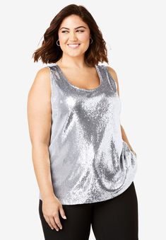 Sparkle and shine in this luxe holiday layer that is perfect on its own or under a cardi or blazer.  28" length Front is poly, back is rayon/spandexHand wash; imported  Style & Fit Tips:  Make a style statement in this gorgeous sequin shell. The relaxed fit is figure flattering and easy to pair under everything from your favorite blazer to a cozy cardigan. Complete your look with polished pumps or a pair of ankle booties. Womens Peplum Tops, Chiffon Tunic, Spaghetti Strap Tank Top, Lace Tunic, Blouse Sleeveless, Sparkle And Shine, Cozy Cardigan, Plus Size Tank Tops, Sweater Tank Top