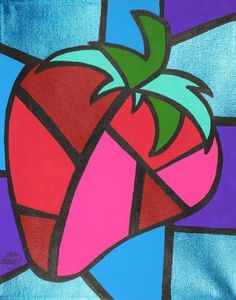 a painting of a strawberry on a blue and purple background