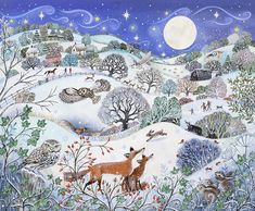 a painting of two foxes in the snow at night, with stars and moon above them