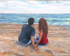 a painting of a man and woman sitting on the beach looking out at the ocean