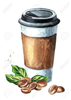 a coffee cup with beans and leaves on the side, watercolor painting royalty illustration