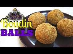 three balls of food on a plate with the words boudin balls