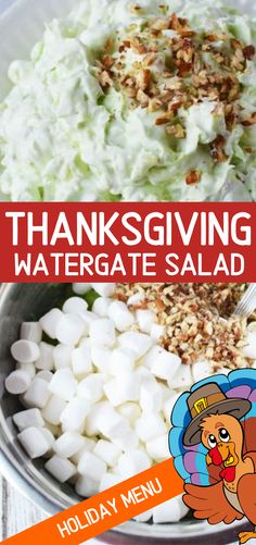 thanksgiving watergate salad with marshmallows and pecans in the bowl on the side