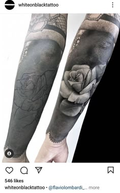 the arm is covered in tattoos and has a rose on it