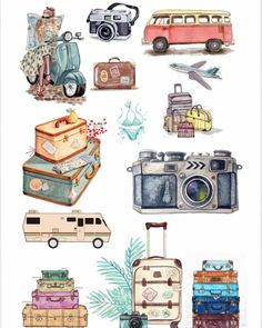 watercolor illustrations of different types of luggage