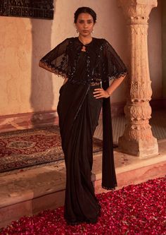 Nidhika Shekhar-Black Embroidered Sari And Cape Set-INDIASPOPUP.COM Cape Style Blouse For Saree, Saree With Cape Style, Saree Cape Blouse, Drape Saree With Cape, Cape Saree Design, Black Saree With Jacket, Black Western Blouse, Cape On Saree, Cape Outfits For Women Indian