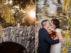 a bride and groom standing on a stone bridge in front of a pond at sunset