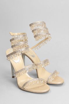 Chandelier Sandals in beige satin, crystals detail, snake strap, two straps, 100% satin, leather sole, 110 mm heel, Made in Italy Composition: 100% Satin ( 32% Silk Woven, 68% Viscose) | René Caovilla Women's Chandelier Sandals in Beige Satin in Champagne | SS24 Rene Caovilla Heels, Sheer Swimsuit, Banquet Party, Tassels Fashion, Crystal Shoes, Rhinestone Sandals, Rene Caovilla, Open Toe Sandals, Slingback Sandal