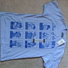 A True Xs T Shirt, Never Worn, With The Classic 90's Disney Characters. Pictures Kept Coming Out Wrong, But I Felt It Was Suitable For 90's. Shirt Has Original Tags And It Is In Worn- Living In A Closet For A Few Years. Smoke Free Home, Pet Friendly L, And All Offers Are Considered. 90s Inspired Blue T-shirt With Letter Print, Retro Blue T-shirt With Cartoon Print, 90s Inspired Blue Cotton Top, 90s Cotton Tops With Character Print, Graphic Print Tops For Disney Fan Events In Summer, 90s Inspired Blue Tops With Letter Print, Disney Blue Top For Streetwear, Casual T-shirt For Disney Fan Events In Summer, Blue Fitted Fun T-shirt