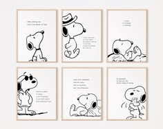 four black and white prints with cartoon characters on them, each featuring a dog holding a person's hand