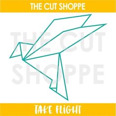 the cut shoppe take flight poster with an arrow in blue and yellow on a white background