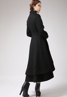 Asymmetrical Hem Black Coat Wool Winter Dress Coat by xiaolizi Chic Long Black Wool Coat, Fitted Black Wool Coat For Winter, Chic Winter Outerwear With Asymmetrical Hem, Elegant Winter Outerwear With Asymmetrical Hem, Steampunk Coat, Gothic Coat, Asymmetrical Coat, Winter Coat Dress, Winter Coat Women