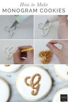 how to make monogram cookies with royal icing and gold sprinkles