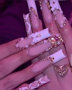 Gem Nail Designs, Nail Art Inspo, Gold Acrylic Nails, Long Acrylic Nail Designs, Cute Acrylic Nail Designs, Long Acrylic Nails Coffin