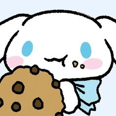 a drawing of a white bunny holding a cookie in its paws and looking at it's face