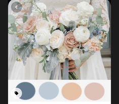 a bride holding a bouquet with peach, blue and white flowers in her wedding dress