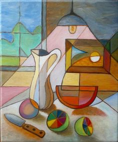 a painting of a pitcher and other items on a table