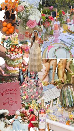 a collage of photos with flowers, plates and other things on display in it