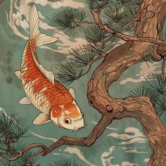 a painting of a koi fish on a tree branch