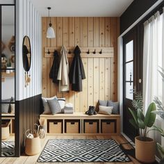 a wooden bench sitting next to a window filled with lots of pillows and coat racks