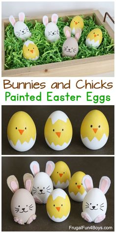 easter eggs with bunny and chick painted on them