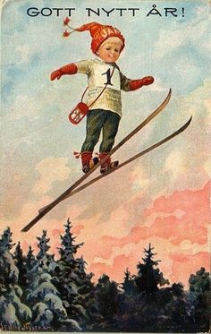 an advertisement for skis featuring a young boy on skis flying through the air