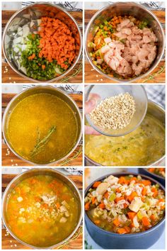 the steps to make chicken pot pie are shown in four different pictures, including broth, peas, carrots, and rice