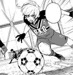 an anime character kicking a soccer ball in the air