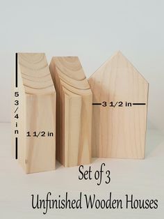 three unfinished wooden houses are shown with measurements for each piece and the size to fit them