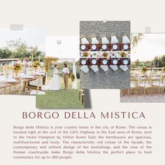 the brochure features photos of bride and grooms at their wedding reception in italy